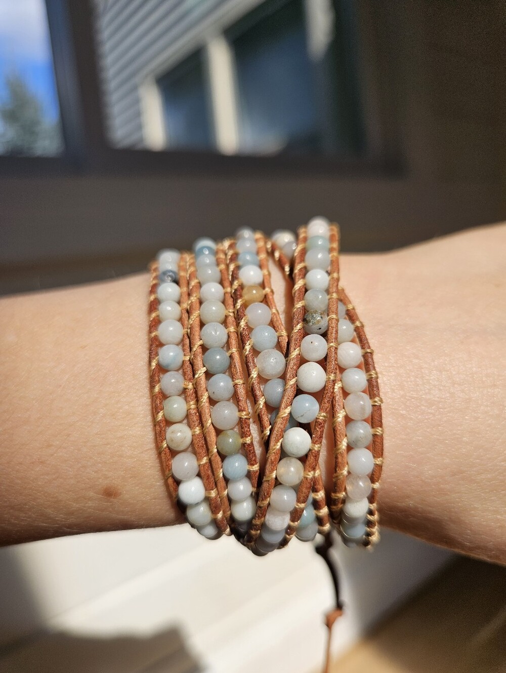 Lulu Dharma Wrap Beaded Bracelet in Light Blue and Tan